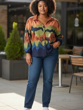 Investments 1X multi colored abstract ikat style blouse